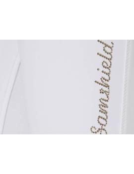 detalle logo Pantalón blanco competición mujer equitación samshield alpha verano