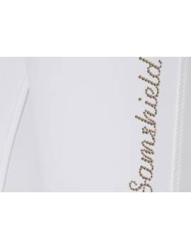 detalle logo Pantalón blanco competición mujer equitación samshield alpha verano