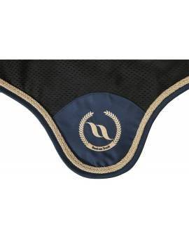 detalles orejeras caballo azul con logo dorado back on track