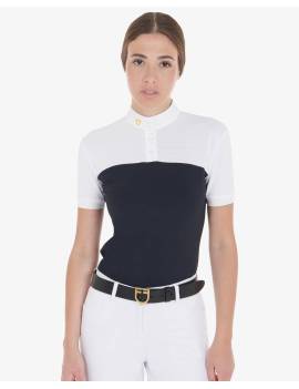 frontal polo de concurso manga corta blanco y azul marino mujer equestro etw00035