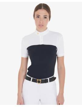 frontal polo de concurso manga corta blanco y azul marino mujer equestro etw00035