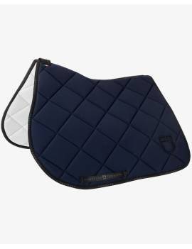 mantilla azul marino equestro con borde y logo en negro
