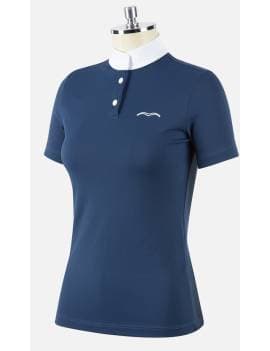 Polo azul marino competición hípica equitación manga corta mujer logo animo italia bracco