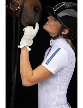Polo blanco competición hipica equitacion manga corta mujer azul celeste animo italia baiana