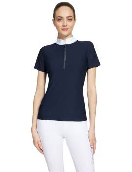 mujer con polo de competicion samshield aloise air azul marino