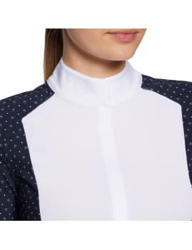 detalles Polo de concurso equitación manga corta azul y blanco SAMSHIELD gretta