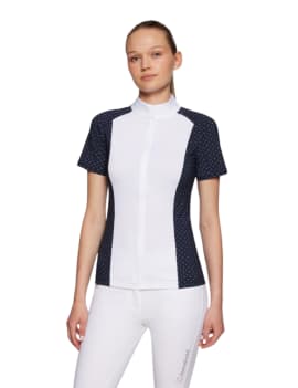 Polo de concurso equitación manga corta azul y blanco SAMSHIELD gretta