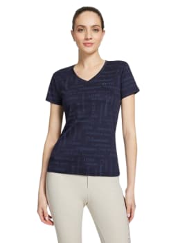 Mujer con camiseta manga corta equitación samshield modelo auxane azul marino
