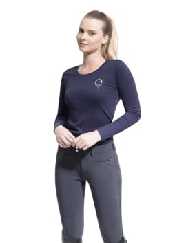 mujer con camiseta equitación mujer manga larga con swarowvki samshield logo
