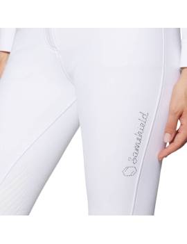 detalle logo Pantalón de equitación blanco competición equitación samshield impermeables margaux