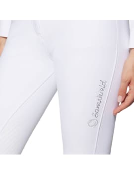 detalle logo Pantalón de equitación blanco competición equitación samshield impermeables margaux