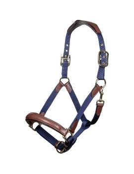 cabezada de cuadra caballo cuero marrón  y nylon azul hkm luna