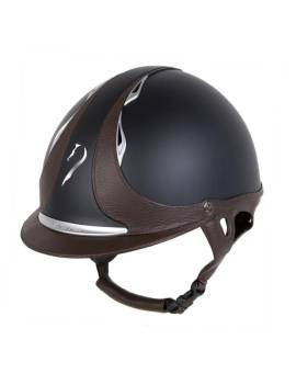 casco equitación azul marino con cuero marrón visera corta antares reference
