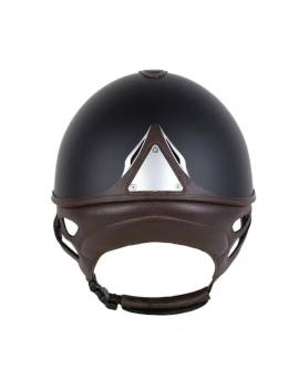 parte de atrás casco equitación azul marino con cuero marrón visera corta antares reference