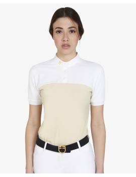 polo de concurso manga corta blanco y beige mujer equestro etw00035