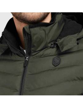 detalles cuello chaqueta equitación plumón hombre samshield verde megeve