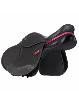 montura de salto para poni de ikonic modelo light negro con acabados rojos