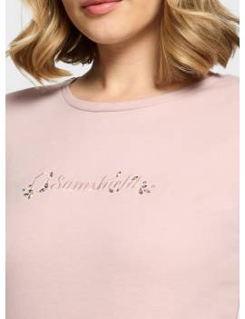 camiseta manga corta samshield con logo y letras rosa