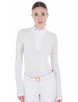 camisa de concurso mujer manga larga blanca con hombros mesh equestro etw00189