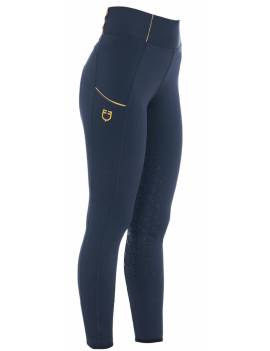 pantalón equitación mujer tipo leggins azul marino logo amarillo equestro
