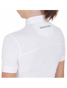espalda parte superior camisa de concurso equitación manga corta niña blanca con mesh equestro slim fit