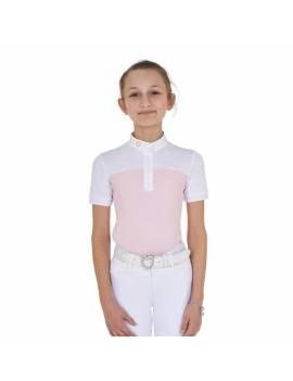 camisa de concurso equitación manga corta niña rosa con mesh equestro slim fit