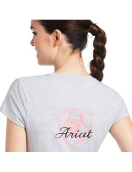 espalda camiseta de equitacion mujer manga corta ariat gris con logo rosa frontal