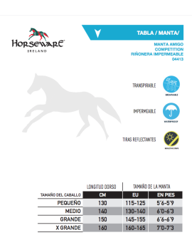 Tabla de medidas Manta de cuadra HORSEWARE RAMBO COZY 400gr