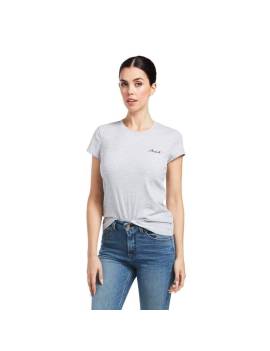 camiseta de equitacion mujer manga corta ariat gris con logo rosa frontal