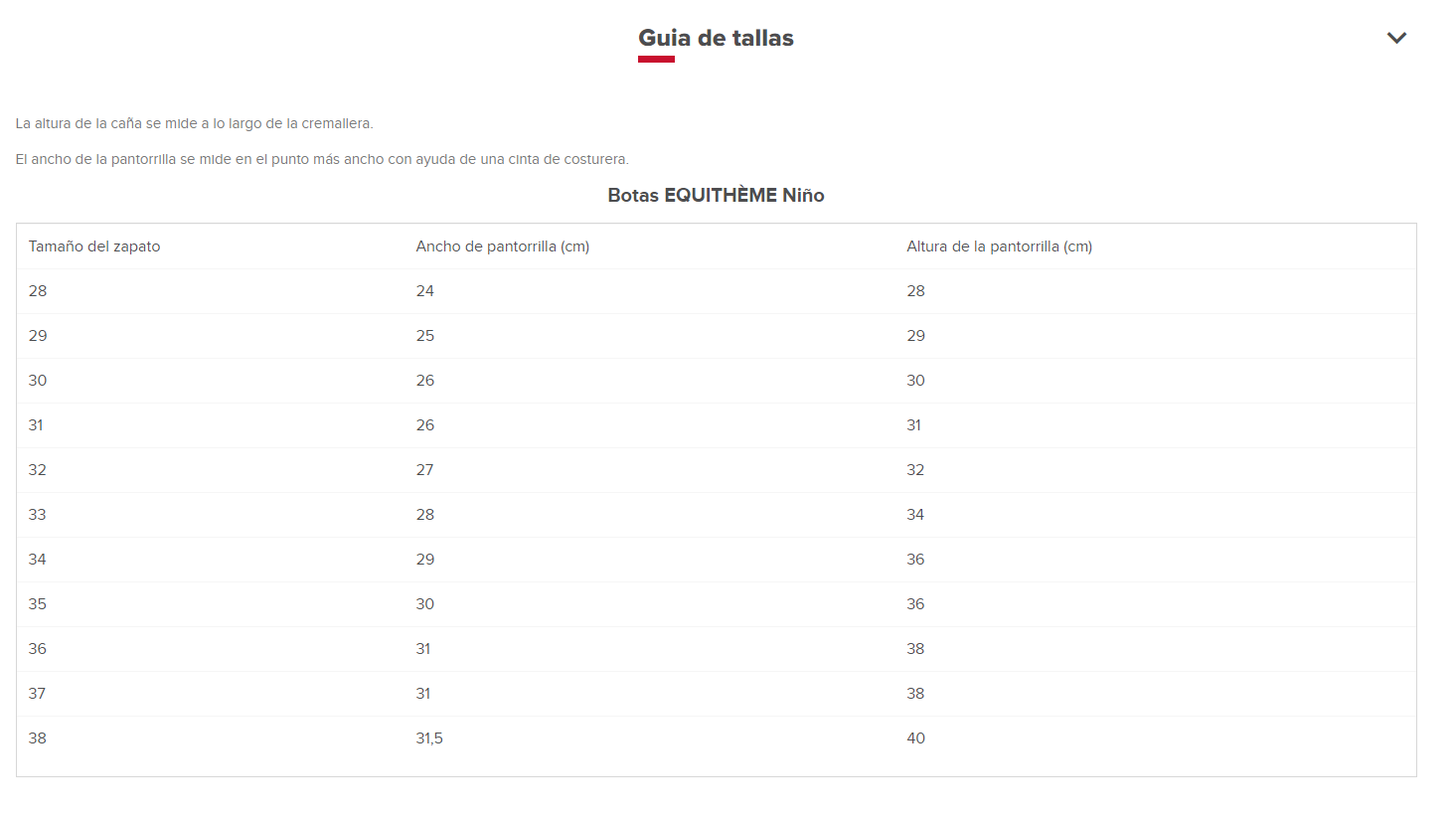 GUIA TALLAS BOTAS EQUITHEME NIÑOS